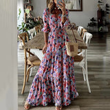 Namcoverse Fashion Casual Retro V Neck High Waist Summer Bohemian Tie Maxi Dress