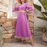 Namcoverse Fashion Elegant Ethnic Tassel Long Sleeve Loose Holiday Maxi Dress