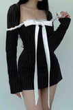 namcoverse Square Neck Bow Tie Striped Long Sleeve Mini Dress