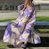 Namcoverse Women's Elegant V Neck Casual Printed Long Sleeve Loose Bohemian Maxi Dress