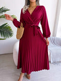 Namcoverse Elegant Spring Pleated Long Sleeve V Neck Maxi Dress