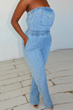 namcoverse Solid Color Stylish Bandeau Denim Jumpsuit