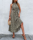 Namcoverse Elegant Floral Print Slim O Neck Sleeveless Halter Dress