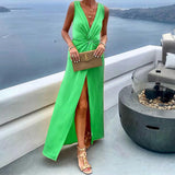 Namcoverse Summer Fashion Solid Color V Neck Slit Sleeveless Casual Maxi Dress