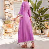 Namcoverse Fashion Elegant Ethnic Tassel Long Sleeve Loose Holiday Maxi Dress