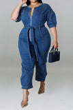 namcoverse Solid Color Casual Zipper Denim Jumpsuit With Belt