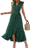 Namcoverse Fashion V Neck Polka Dot Ruffle Sleeves Bohemian Beach Maxi Dress