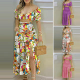 Namcoverse Fashion Off-Shoulder Sweet Printed Pattern Hollow High Waist Ruched Maxi Dress