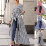 Namcoverse Fashion Casual Stripe Long Sleeve Blouse V-Neck Maxi Dress