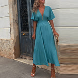 Namcoverse Sexy V Neck High Waist Party Solid Color A-Line Backless Hollow Out Office Maxi Dress