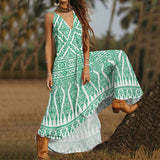 Namcoverse Vintage Graphic Print Sexy V Neck Loose Boho Maxi Dress