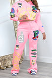 namcoverse Letter Print Cute Drawstring Hooded Pant Suit