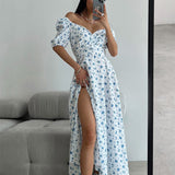 Namcoverse Vintage Sexy Print Puff Sleeve Pleated Fashion A-Line Print Maxi Dress