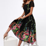 Namcoverse Vintage Floral Print Fashion Square Neck Short Sleeve A-Line Party Elegance Midi Dress