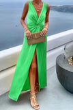 Namcoverse Summer Fashion Solid Color V Neck Slit Sleeveless Casual Maxi Dress