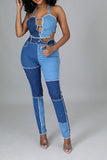 namcoverse Color Block Burrs Patchwork Unique Cutout Denim Pant Suit