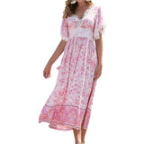 Namcoverse Women's Boho Swing Elegant Slit V Neck Lace Floral Party Maxi Dress