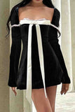 namcoverse Square Neck Bow Tie Striped Long Sleeve Mini Dress