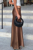 namcoverse Brown Satin Low-Rise Slit Midi Skirt