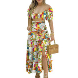 Namcoverse Fashion Off-Shoulder Sweet Printed Pattern Hollow High Waist Ruched Maxi Dress