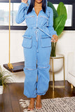 namcoverse Hooded Casual Drawstring Multi Pocket Denim Jumpsuit