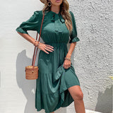 Namcoverse Fashion Crew Neck Casual Solid Pleated Elastic A-Line Maxi Dress