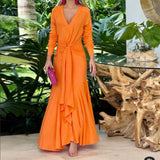 Namcoverse Elegant Solid Color V Neck Ruffle Waist Long Sleeve Maxi Dress