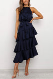 Namcoverse Ruffle Fashion Solid Color Sleeveless A-Line Elegant Fit Party Maxi Dress