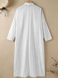 Namcoverse Summer Fashion Lapel Temperament Striped Loose Cotton Linen Cardigan Shirt Maxi Dress