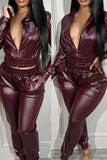 namcoverse Solid Color Hooded On-trend PU Pant Suit