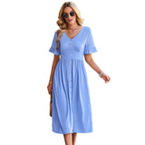 Namcoverse Summer Slim Sexy Party Elegant V Neck Solid Color Beach Midi Dress