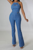 namcoverse Solid Color Cutout Feminine Denim Jumpsuit