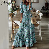 Namcoverse Fashion Casual Retro V Neck High Waist Summer Bohemian Tie Maxi Dress