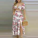 Namcoverse Fashion Off-Shoulder Sweet Printed Pattern Hollow High Waist Ruched Maxi Dress