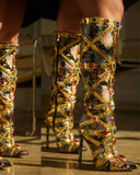 namcoverse Rhinestone Decor Luxe Patchwork Floral Jacquard Boots