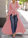 Namcoverse Fashion Casual Stripe Long Sleeve Blouse V-Neck Maxi Dress