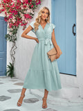 Namcoverse New Women's Dress Solid Color Belt V-Neck Sweet Elegant Maxi Dress