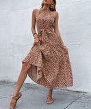 Namcoverse Elegant Floral Print Slim O Neck Sleeveless Halter Dress