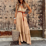 Namcoverse Sexy Solid Lace V Neck Elegant Sleeveless Party Fashion Boho Maxi Dress