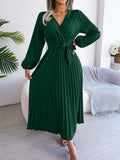 Namcoverse Elegant Spring Pleated Long Sleeve V Neck Maxi Dress