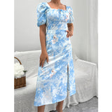 Namcoverse Holiday Summer Printed A-Line Design Square Neck Puff Sleeve High Waist Fashion Maxi Dress