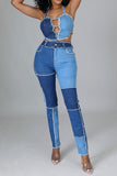 namcoverse Color Block Burrs Patchwork Unique Cutout Denim Pant Suit