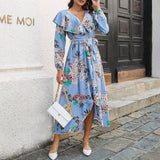 Namcoverse Elegant Floral Prints Ruffle V-Neck Sleeve Skinny Maxi Dress