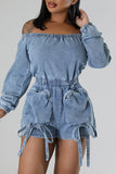 namcoverse Solid Color Washed Denim Cozy Pocket Romper