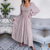 Namcoverse Elegant Square Neck Full Sleeve Pleated Printed Maxi Dress