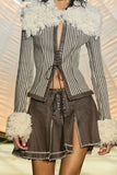 namcoverse Fuzzy Patchwork Smart Strappy Striped Coat