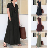 Namcoverse Summer Casual Fashion Ladies Cotton Linen Solid Color Lapel Pocket Simple Shirt Maxi Dress