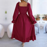 Namcoverse Fashion Casual Solid Color Square Neck Ruffles Long Dress