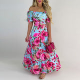 Namcoverse Casual Slash Collar All Over Print Floral Off Shoulder Maxi A-line Maxi Dress