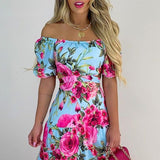 Namcoverse Casual Slash Collar All Over Print Floral Off Shoulder Maxi A-line Maxi Dress